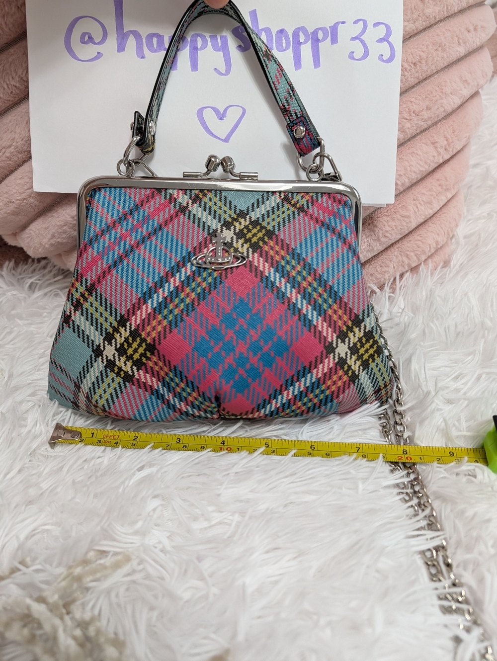 Vivienne Westwood Turquoise Pink Yellow Plaid Frame Bag